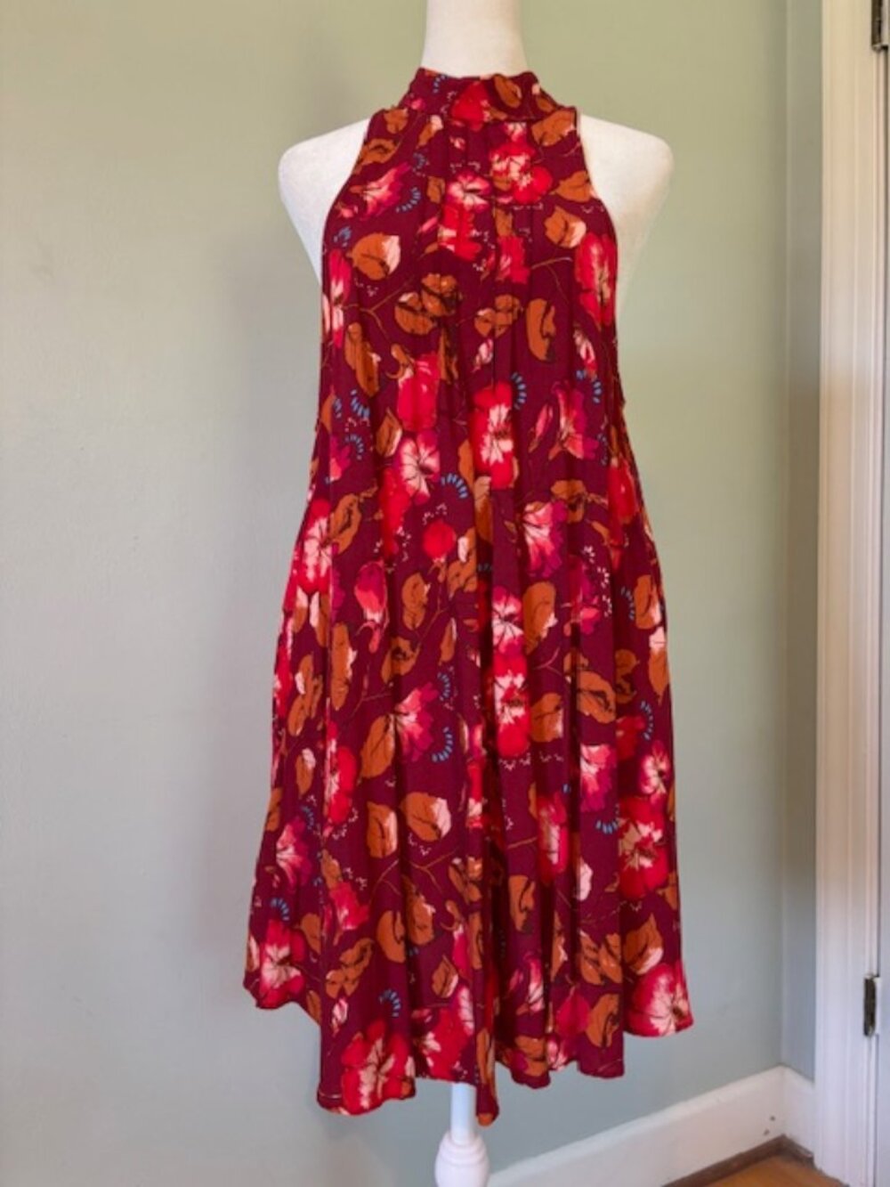 Free People Intimately Beaux Mock Neck Mini Dress in Red Floral Print Size Small